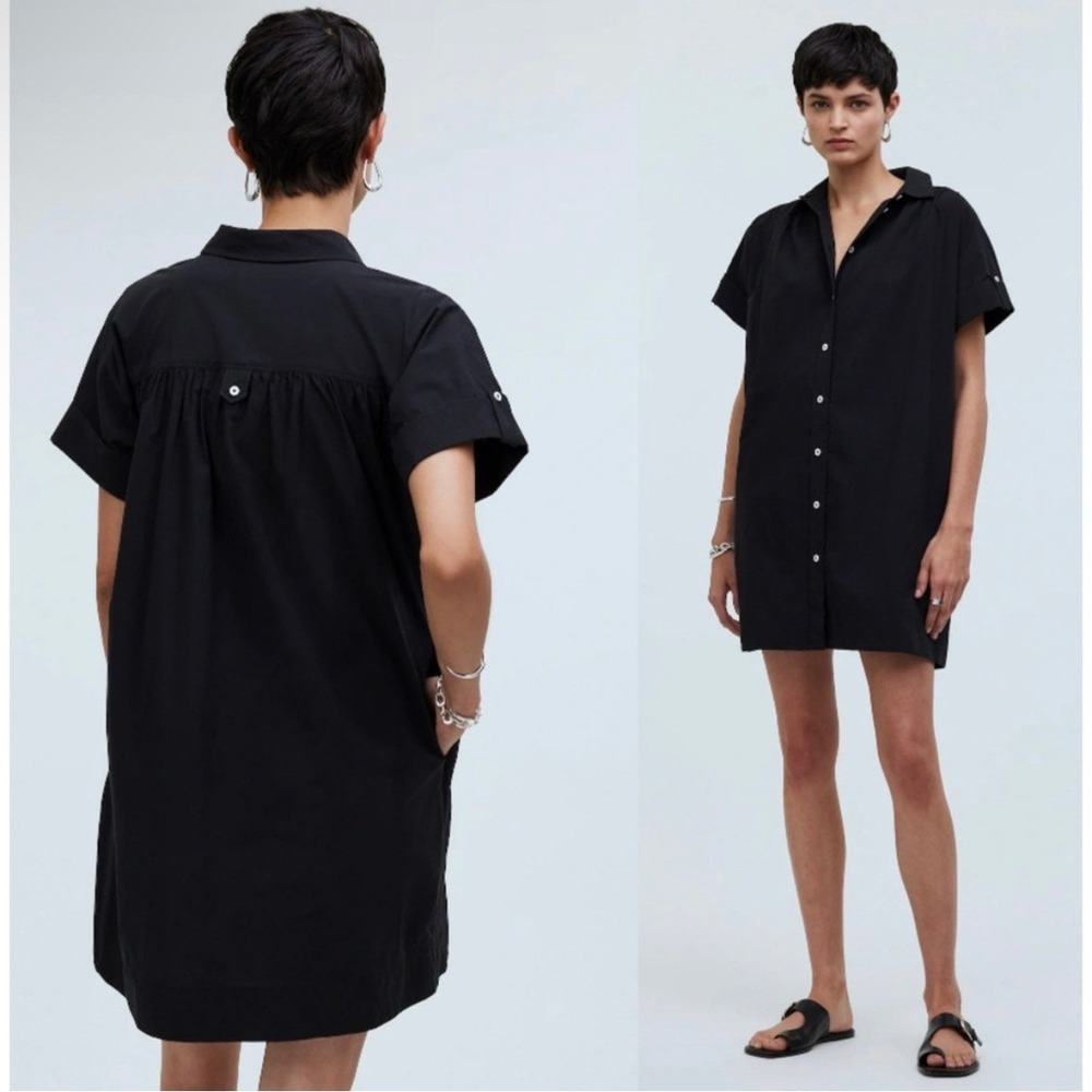 madewell np091 true black collared button mini shirtdress, women size x-small xs